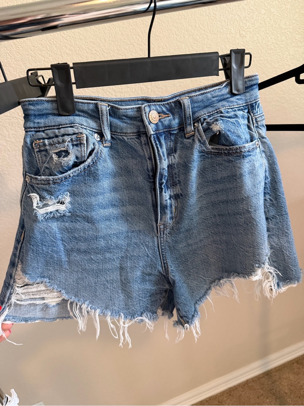 American Eagle Outfitters Distressed Light Blue High-Rise Denim Shorts